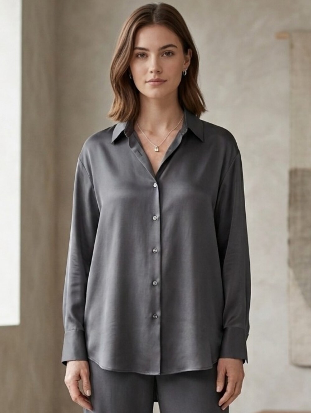 Uniqlo Satin Long Sleeve Blouse shirt asphalt grey XL